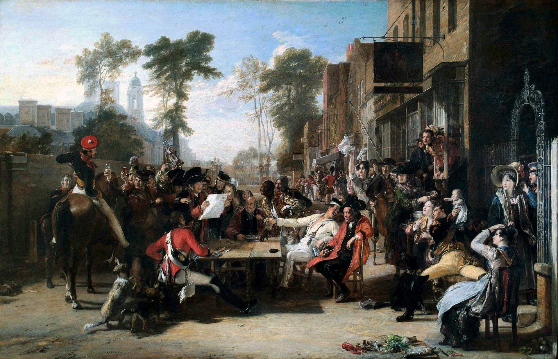 Les Pensionnaires de Chelsea lisant la dépêche de Waterloo, David Wilkie, 1820, peinture à l’huile