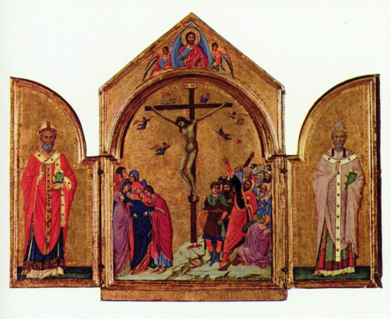 Triptyque : la Crucifixion ; le Rédempteur avec les anges ; saint Nicolas ; saint Grégoire - Duccio di Buoninsegna
