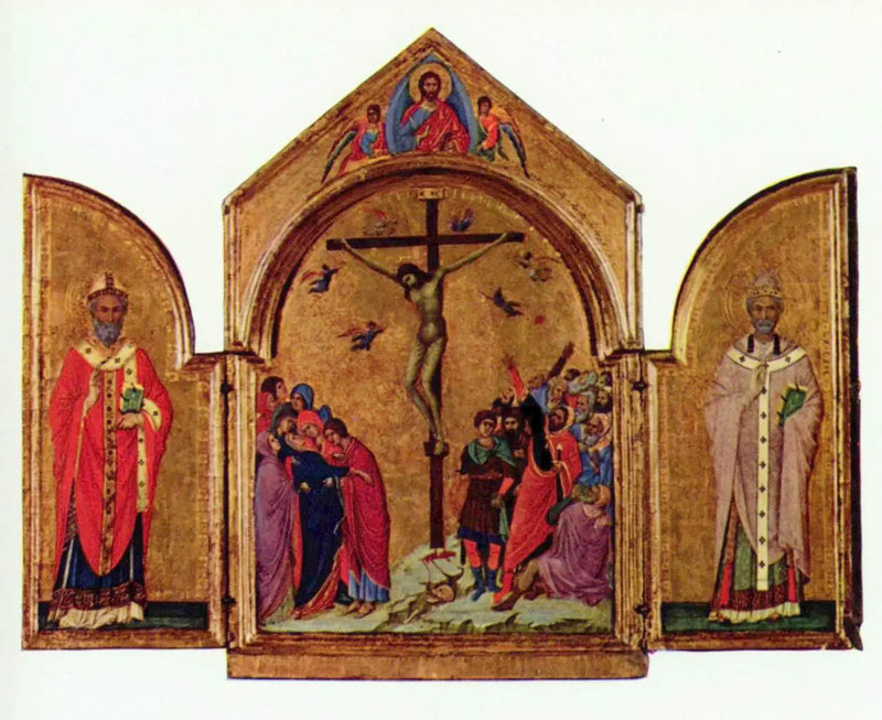 Triptyk: Çarmıha Geriliş; Kurtarıcı ve meleklerle; Aziz Nikola; Aziz Gregorius - Duccio di Buoninsegna