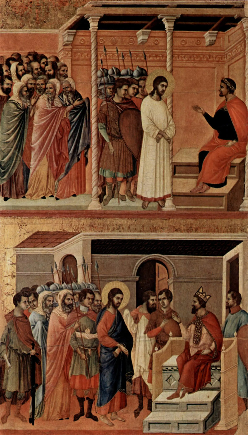 Çileli İsa'nın Pilatus önündeki sahnesi tekrar (üstte); Hérodes önündeki İsa (altta) - Duccio di Buoninsegna