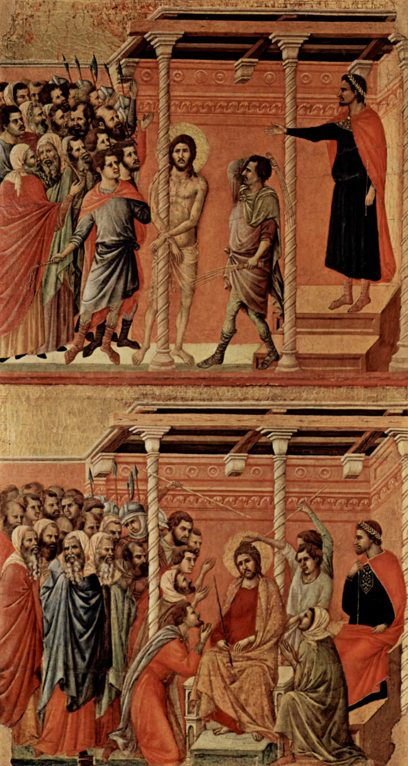 Flagellation (üstte); Çarmıha gerilmiş İsa ve dikenli taç (altta) - Duccio di Buoninsegna