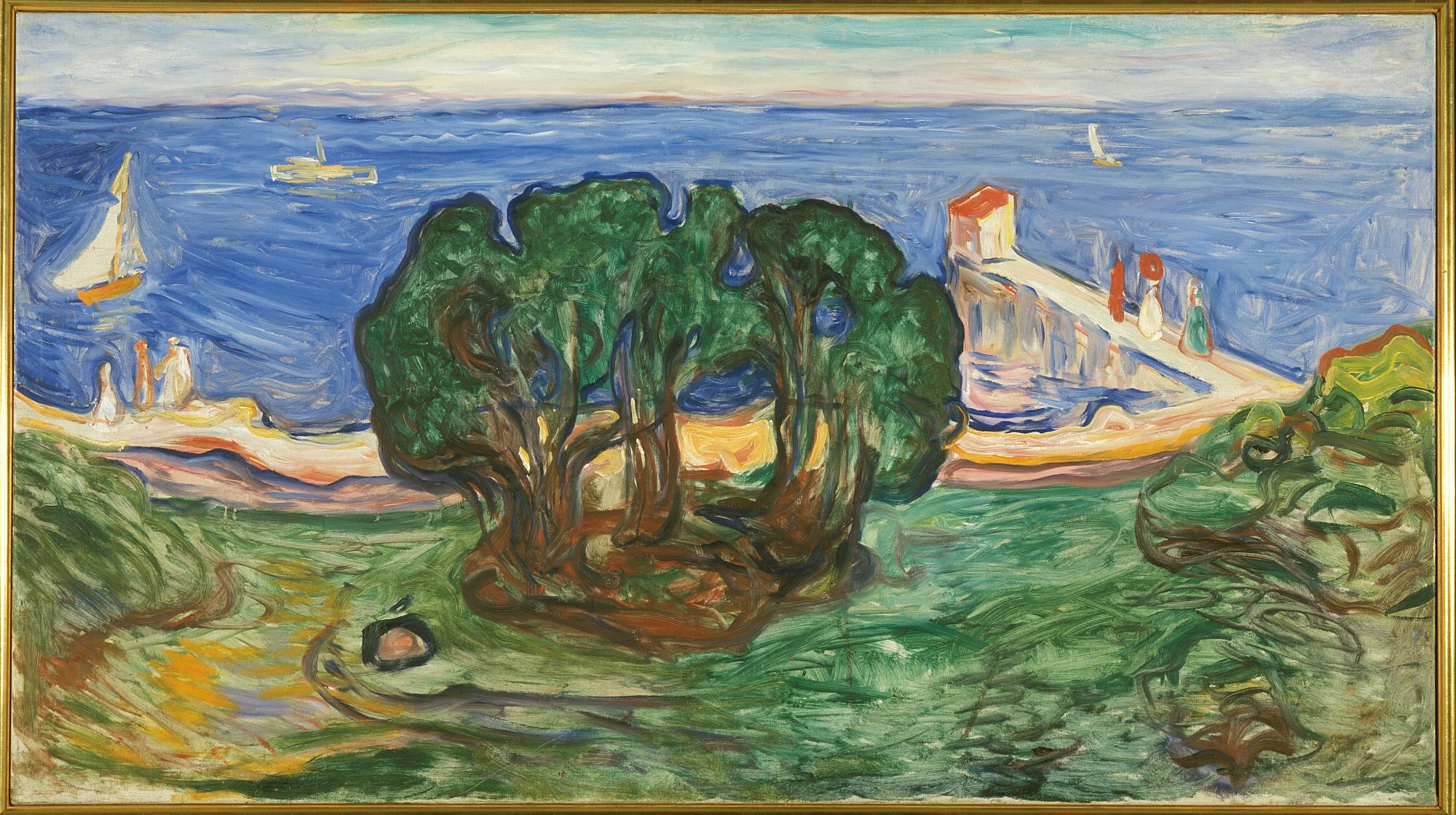 Reproduction du tableau « Arbres sur la plage (Frise Linde) - Edvard Munch » par Alpha Reproduction en peinture à l’huile