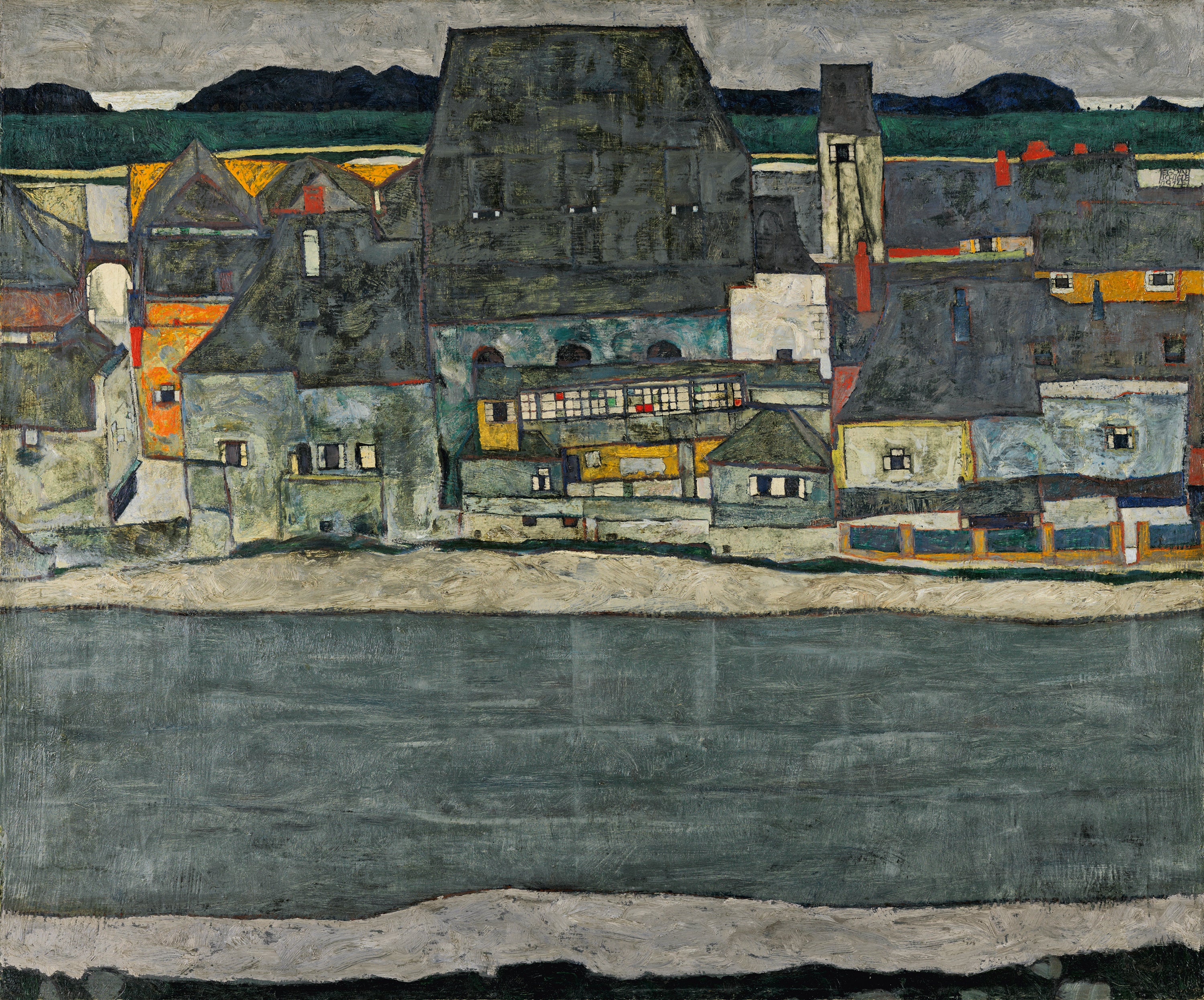 Reproduction du tableau « Maisons sur la rivière (la vieille ville) - Egon Schiele » par Alpha Reproduction en peinture à l’huile