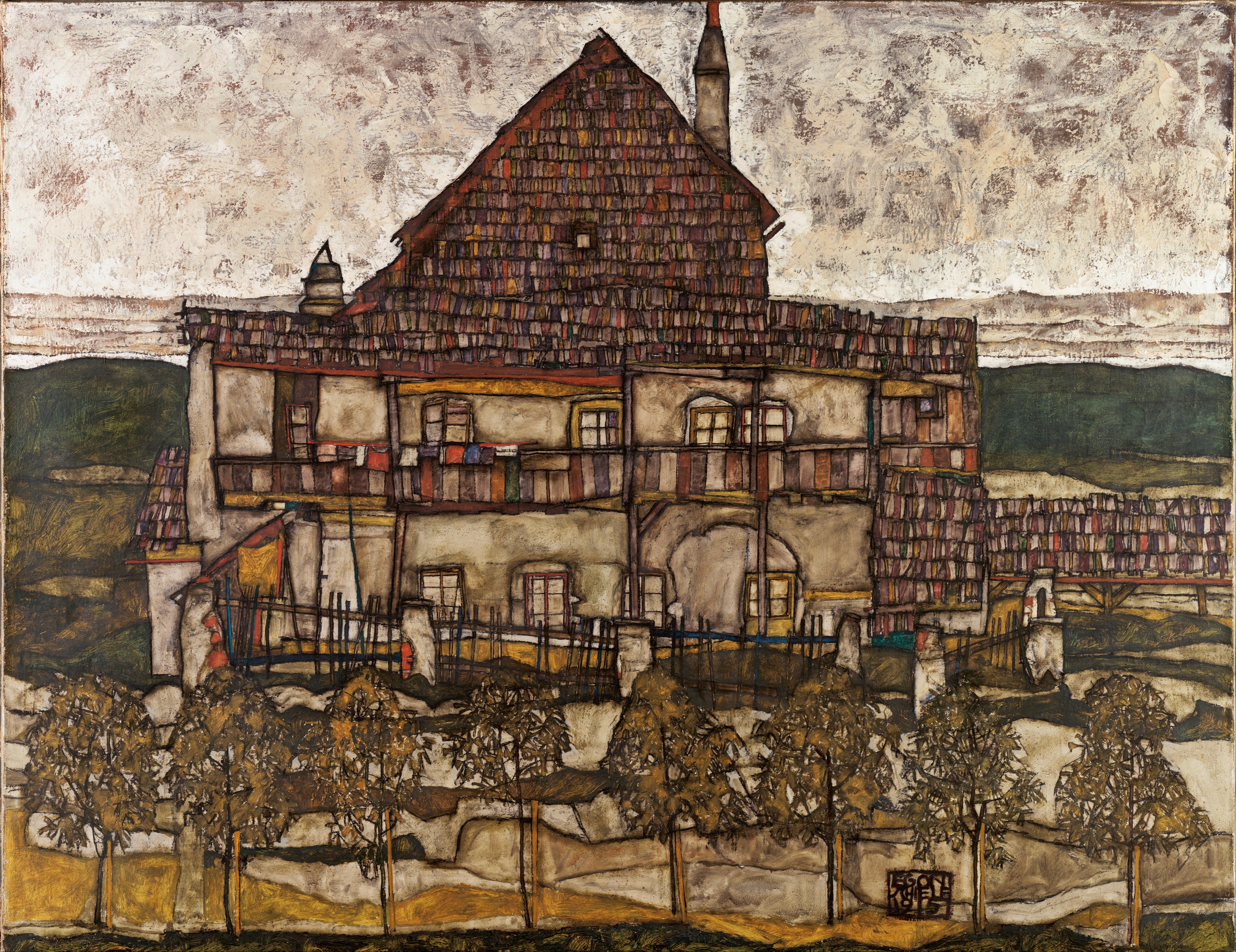 Reproduction du tableau « Maison avec toit de bardeaux - Egon Schiele » par Alpha Reproduction en peinture à l’huile