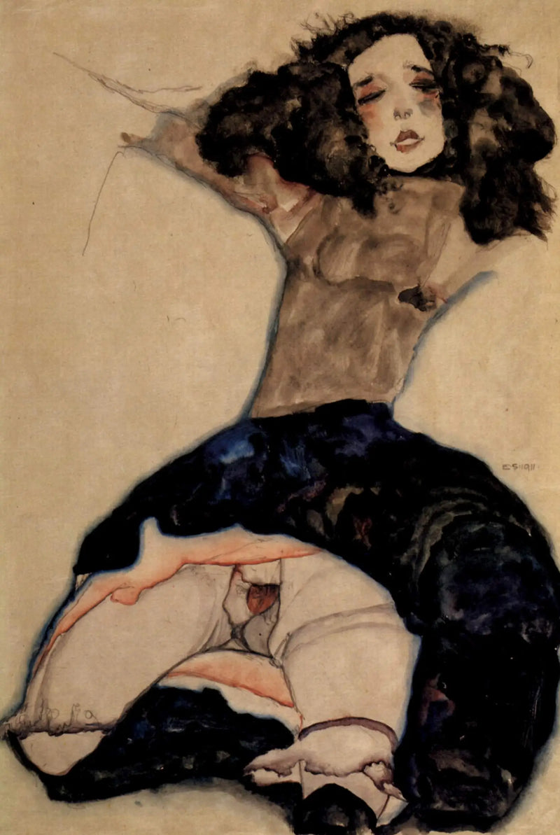 Siyah saçlı kız, etek yukarıda - Egon Schiele