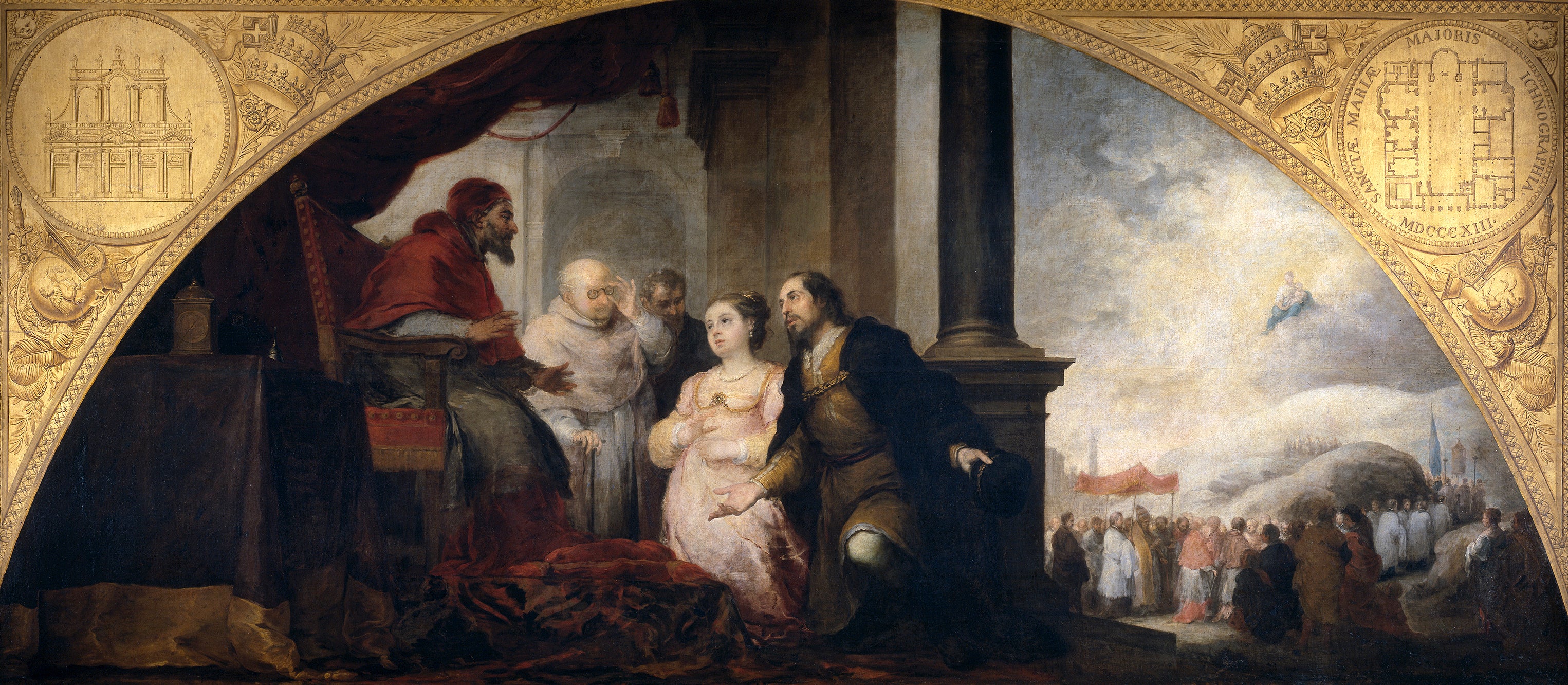 Fondation de Sainte-Marie-Majeure à Rome. Le Patricien raconte son rêve au Pape. - Bartolomé Esteban Murillo