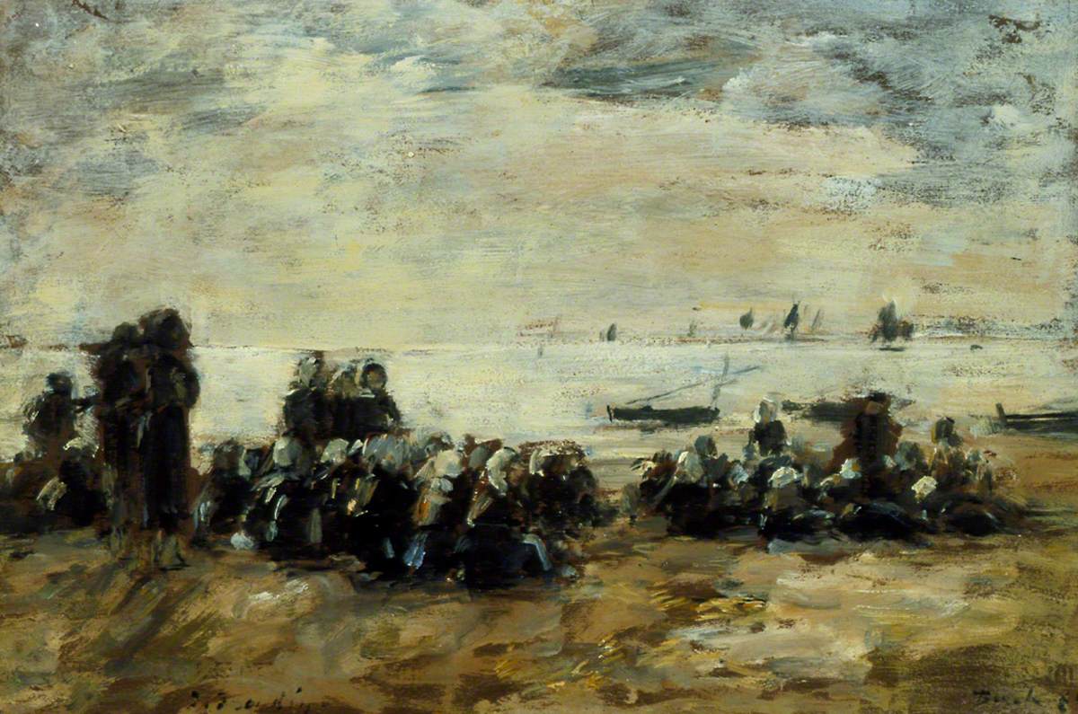 Reproduction du tableau « Femmes attendant les bateaux de pêche sur la plage de Berck - Eugène Boudin » par Alpha Reproduction en peinture à l’huile