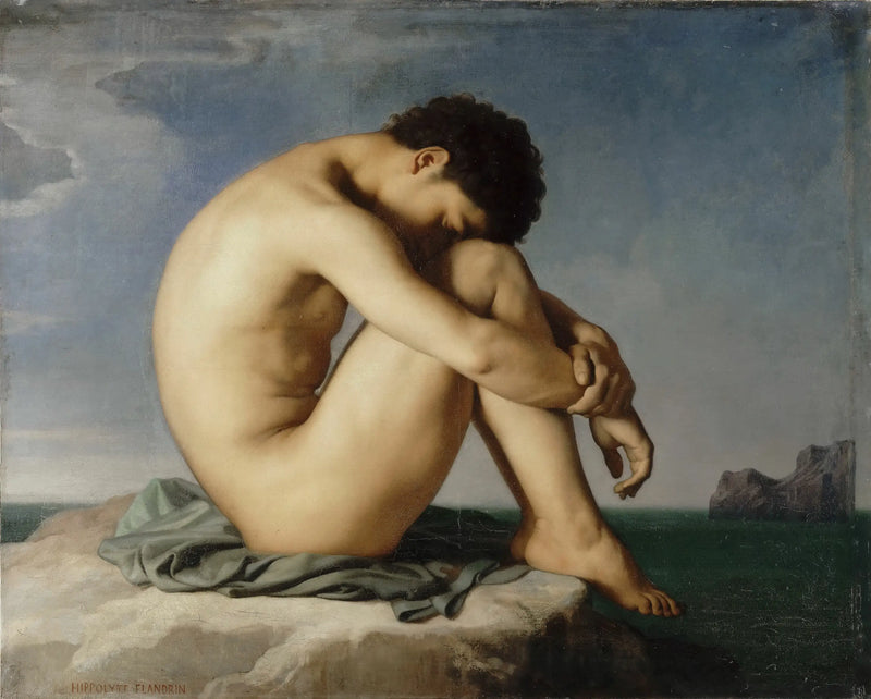 Genç erkek deniz kıyısında oturuyor - Hippolyte Flandrin