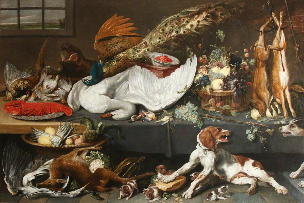 Garde-manger rempli de gibier mort, de cygne et de homard, de fruits, de légumes et d'une chienne pointer défendant ses chiots. - Frans Snyders