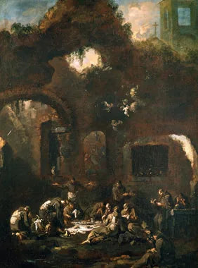 Capucins à table parmi des ruines - Alessandro Magnasco image 1 copie de tableau peinte à la main