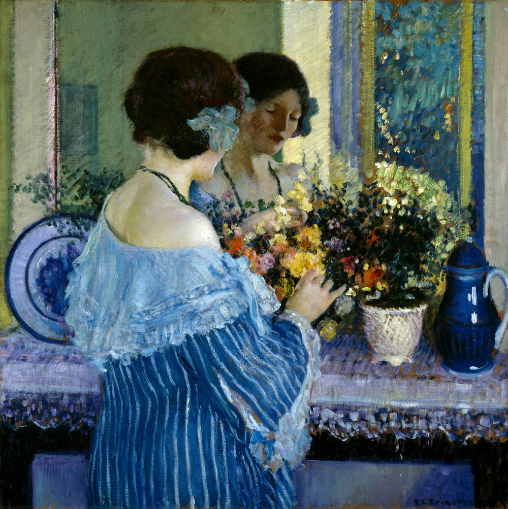 Jeune fille en bleu arrangeant des fleurs - Frederick Carl Frieseke - Alpha Reproduction