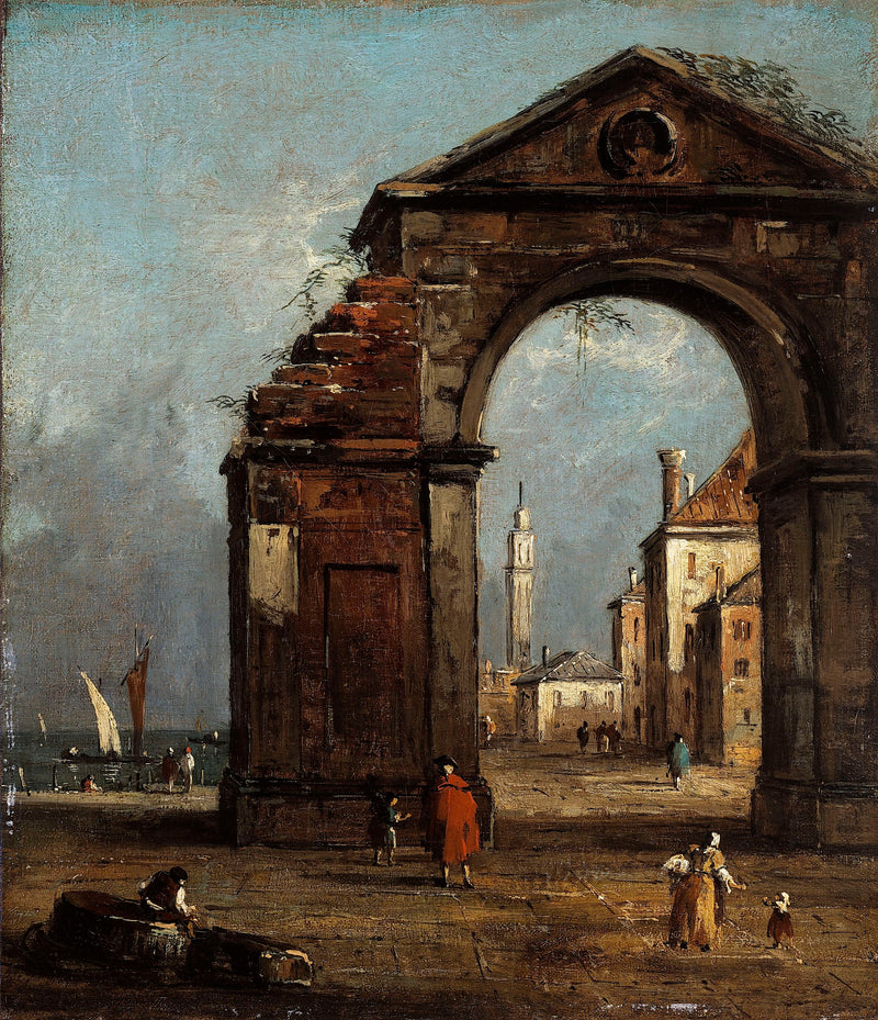 Caprice, yıkılmış zafer kemeri ve lagün kıyısı manzarasıyla - Francesco Guardi