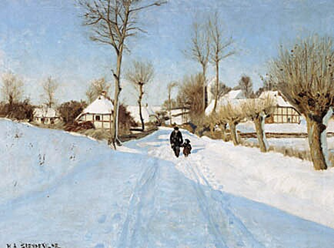 Un vieil homme et une petite fille entre des maisons au toit de chaume. - H. A. Brendekilde