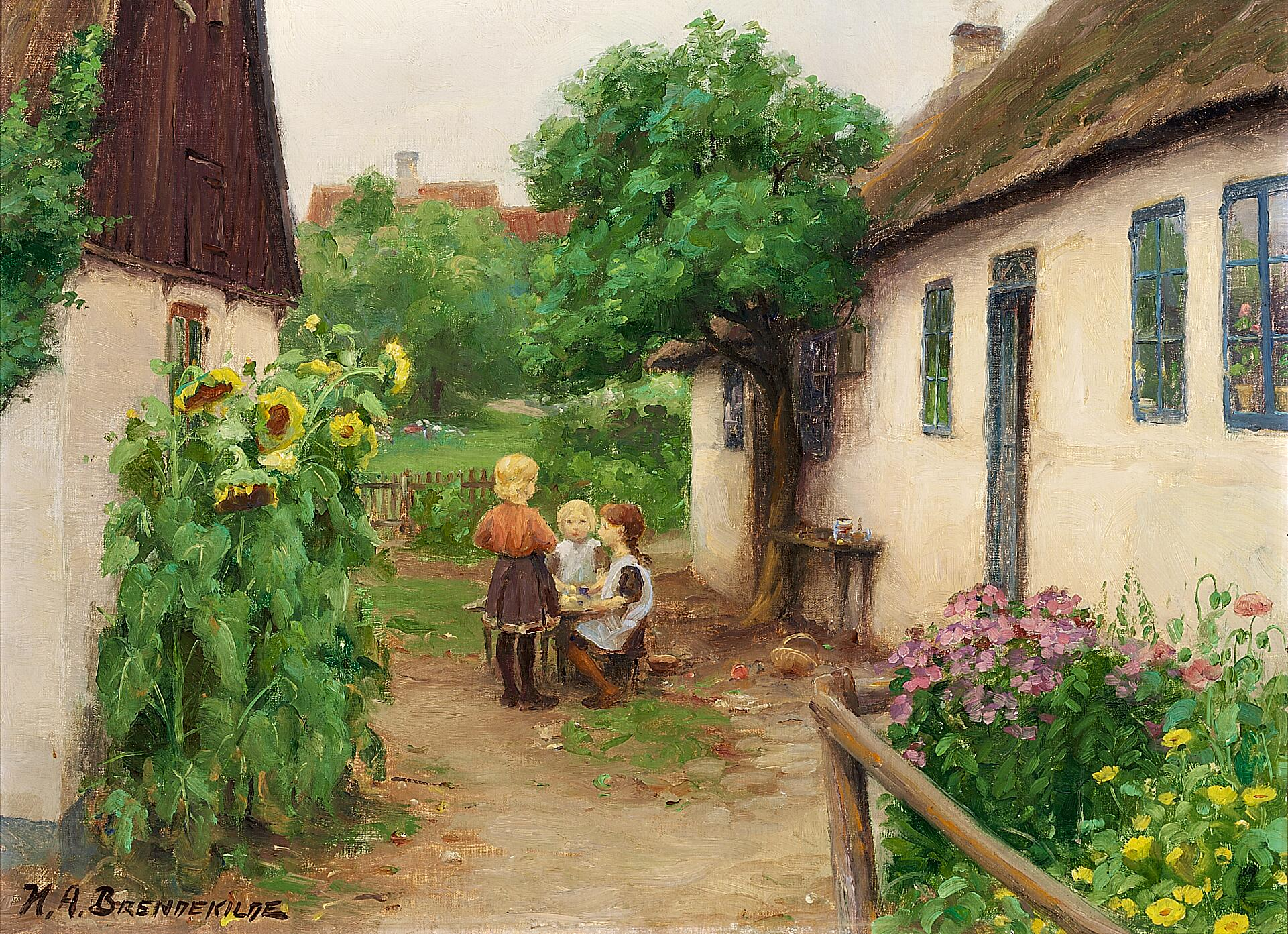 Enfants jouant près d'une ferme, à gauche des tournesols en fleurs. - H. A. Brendekilde