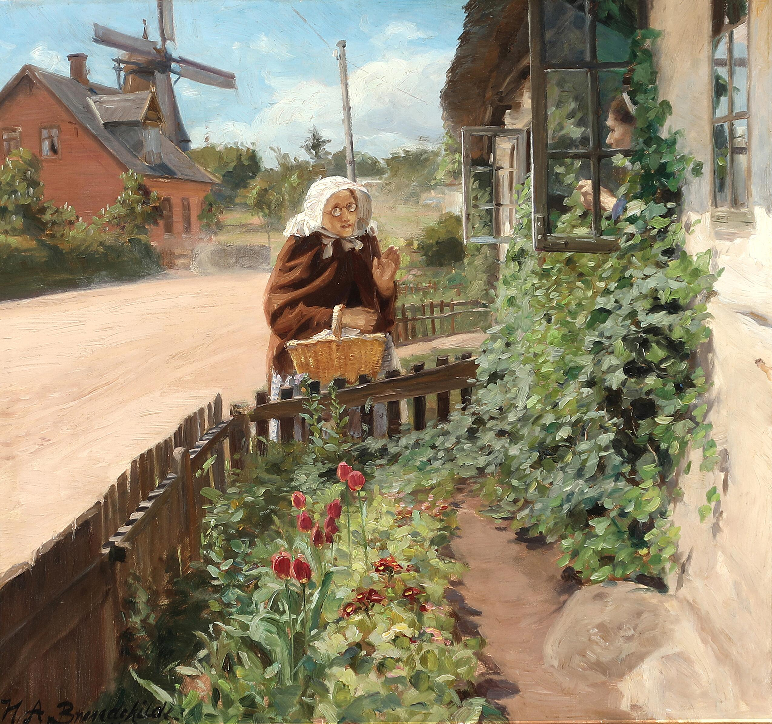 Deux femmes discutent à travers une fenêtre. - H. A. Brendekilde