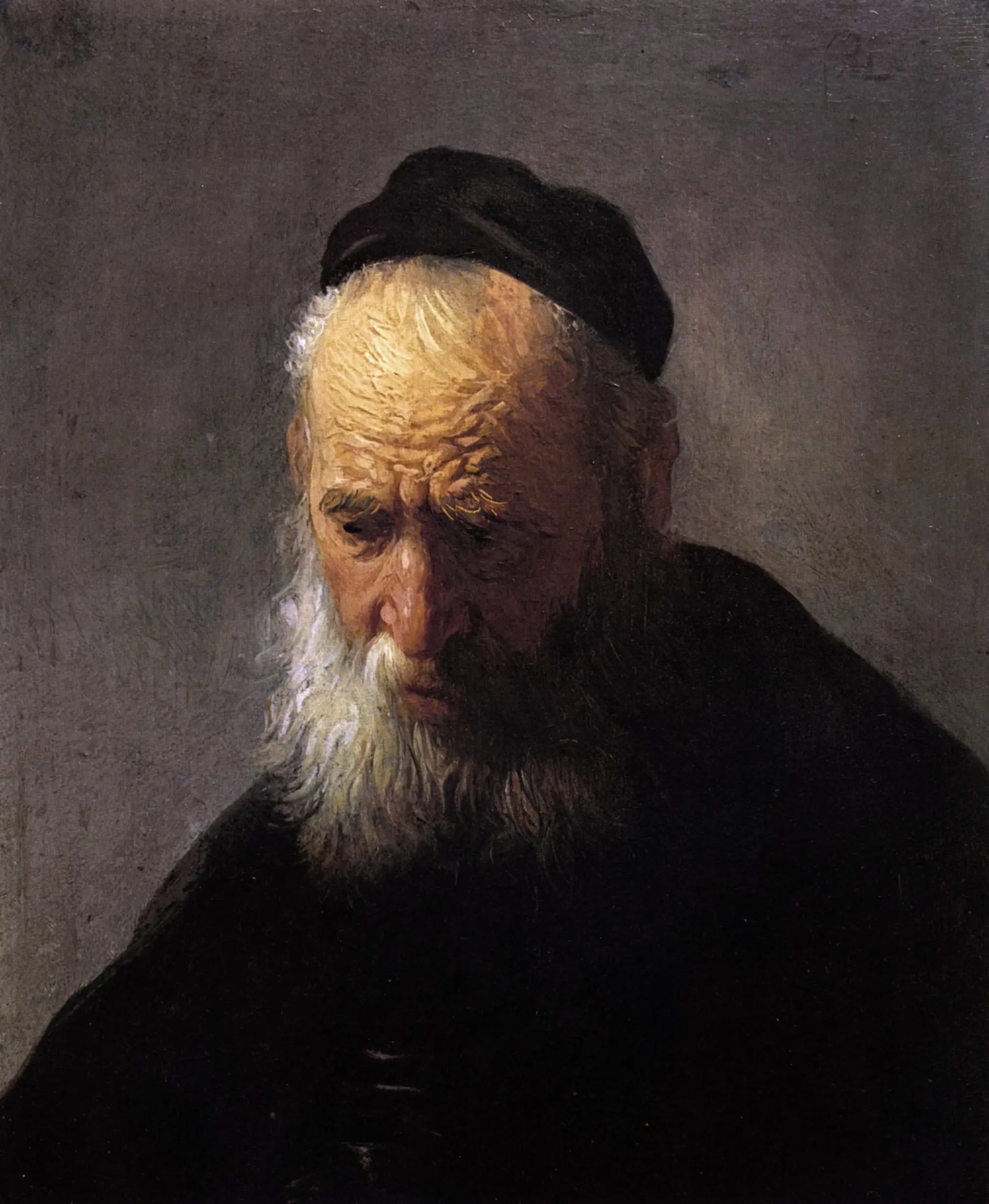 Reproduction du tableau « Tête d'un vieil homme portant une casquette - Rembrandt » par Alpha Reproduction en peinture à l’huile