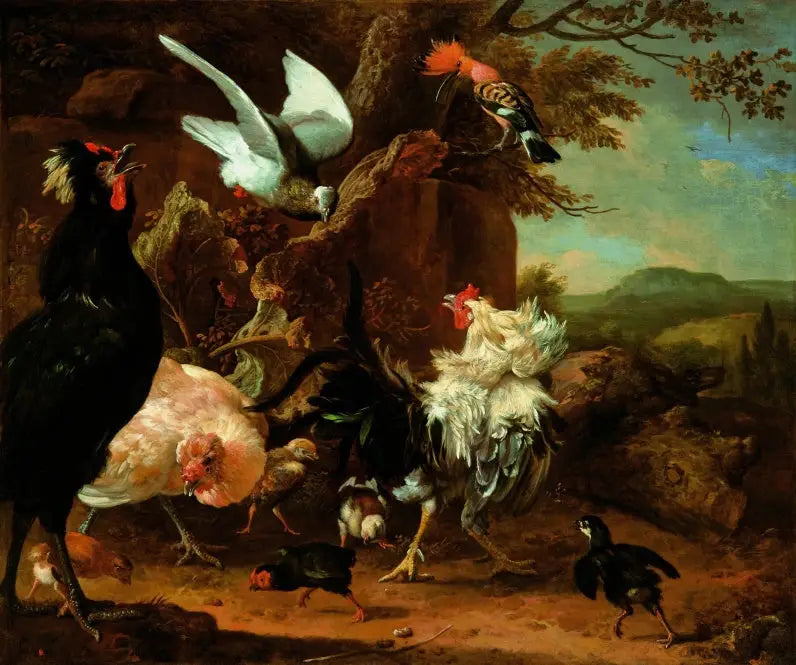 İki horoz, bir tavuk ve civcivler, bir güvercin ve bir huppe - Melchior de Hondecoeter
