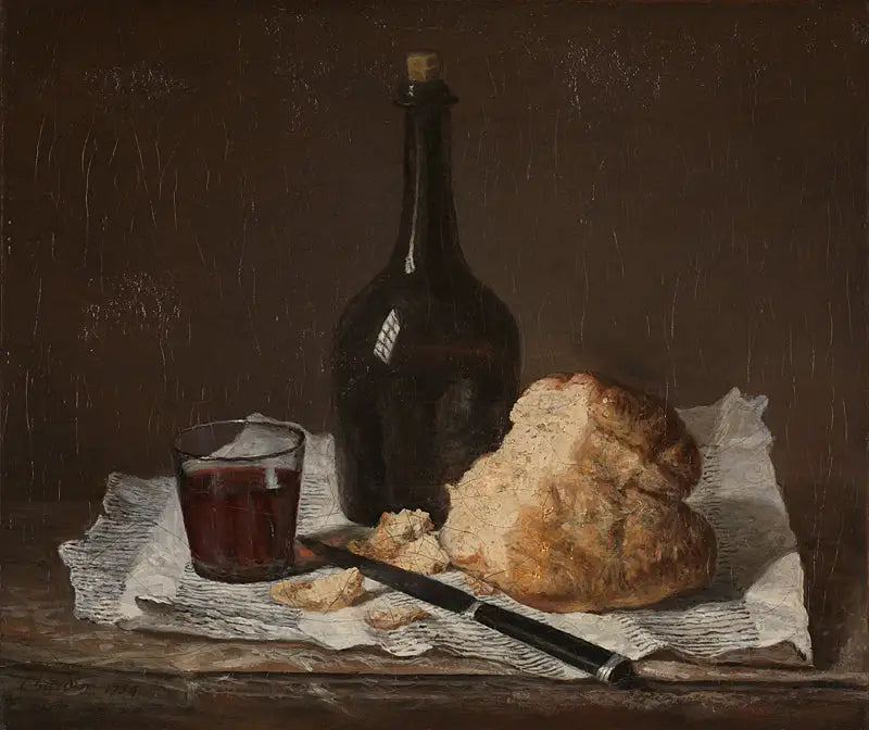 Tablo: Nature morte avec bouteille, verre et pain - Jean Siméon Chardin