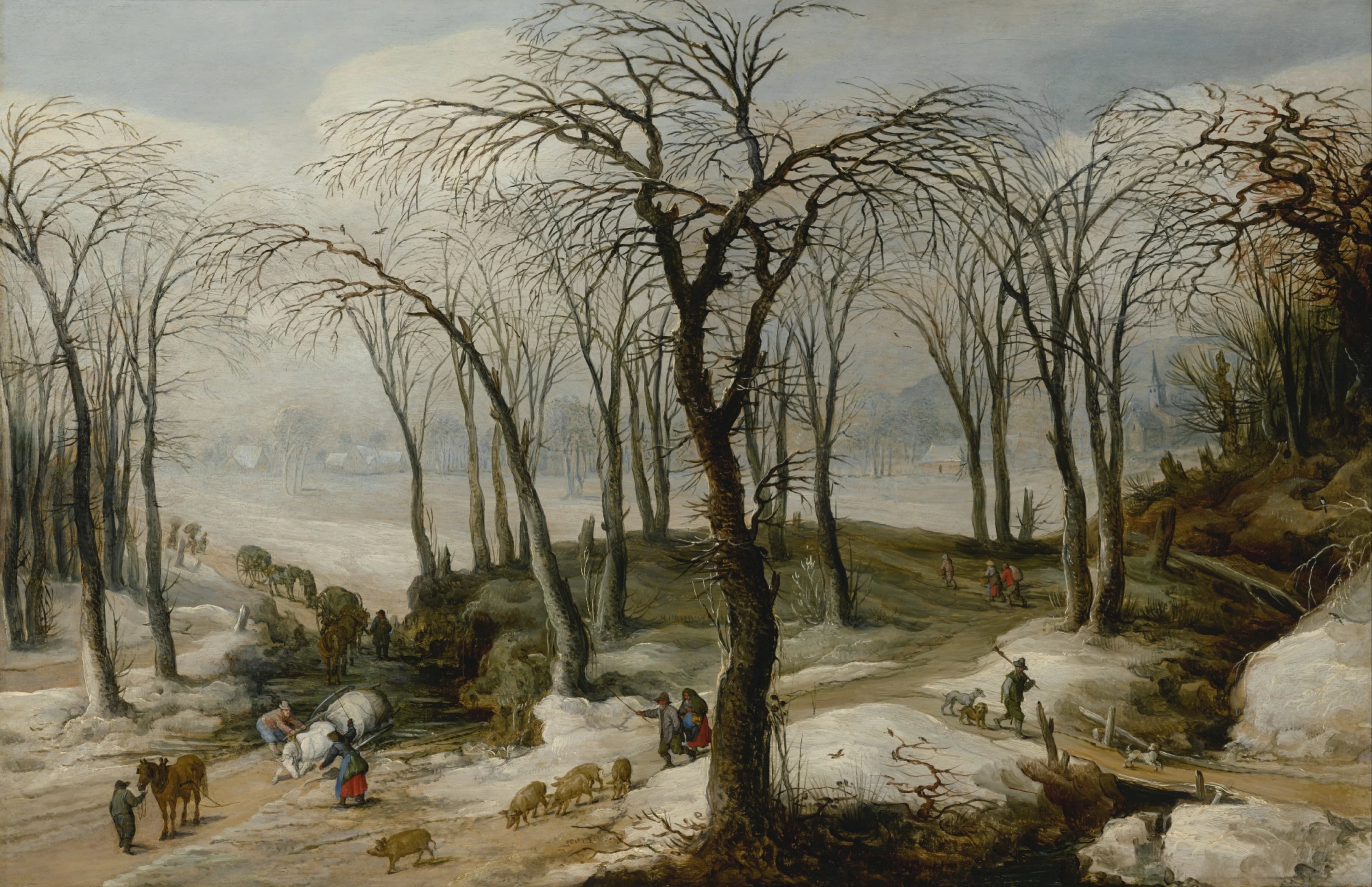 Paysage d'hiver avec une charrette à cheval renversée et des personnages conduisant un troupeau. - Jan Brueghel le Jeune