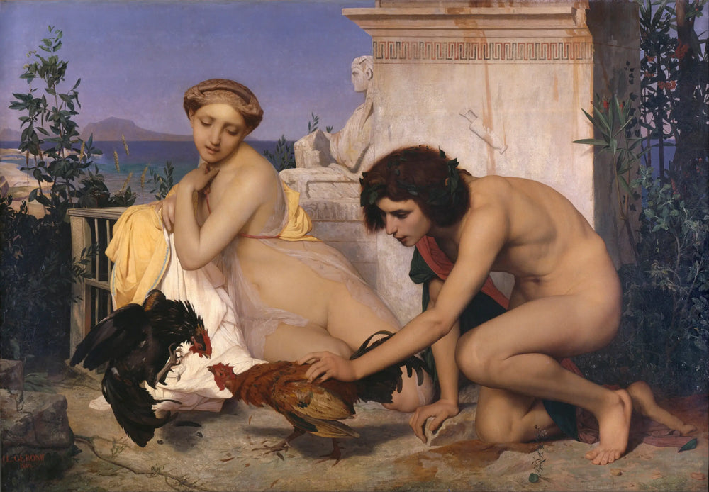 Reproduction du tableau « Un combat de coqs - Jean-Léon Gérôme » par Alpha Reproduction en peinture à l’huile