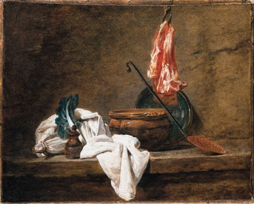 Nature morte avec un torchon, une casserole, une assiette, une écumoire et de la viande sur un crochet - Jean Siméon Chardin