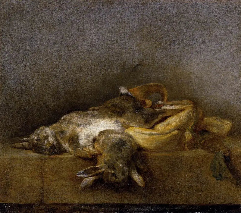 İki tavşan, bir av çantası ve toz elmasıyla natürmort - Jean Siméon Chardin