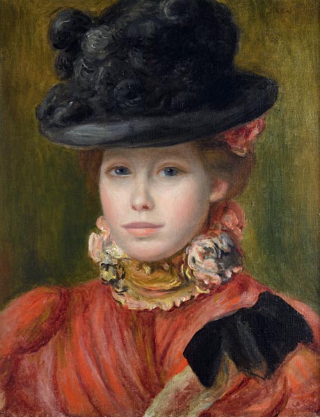 Kırmızı çiçekli siyah şapkalı genç kız - Pierre-Auguste Renoir