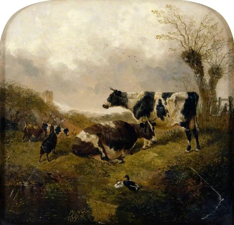 İki inek, keçiler ve ördekler ile bir manzarada - John Frederick Herring, Sr.