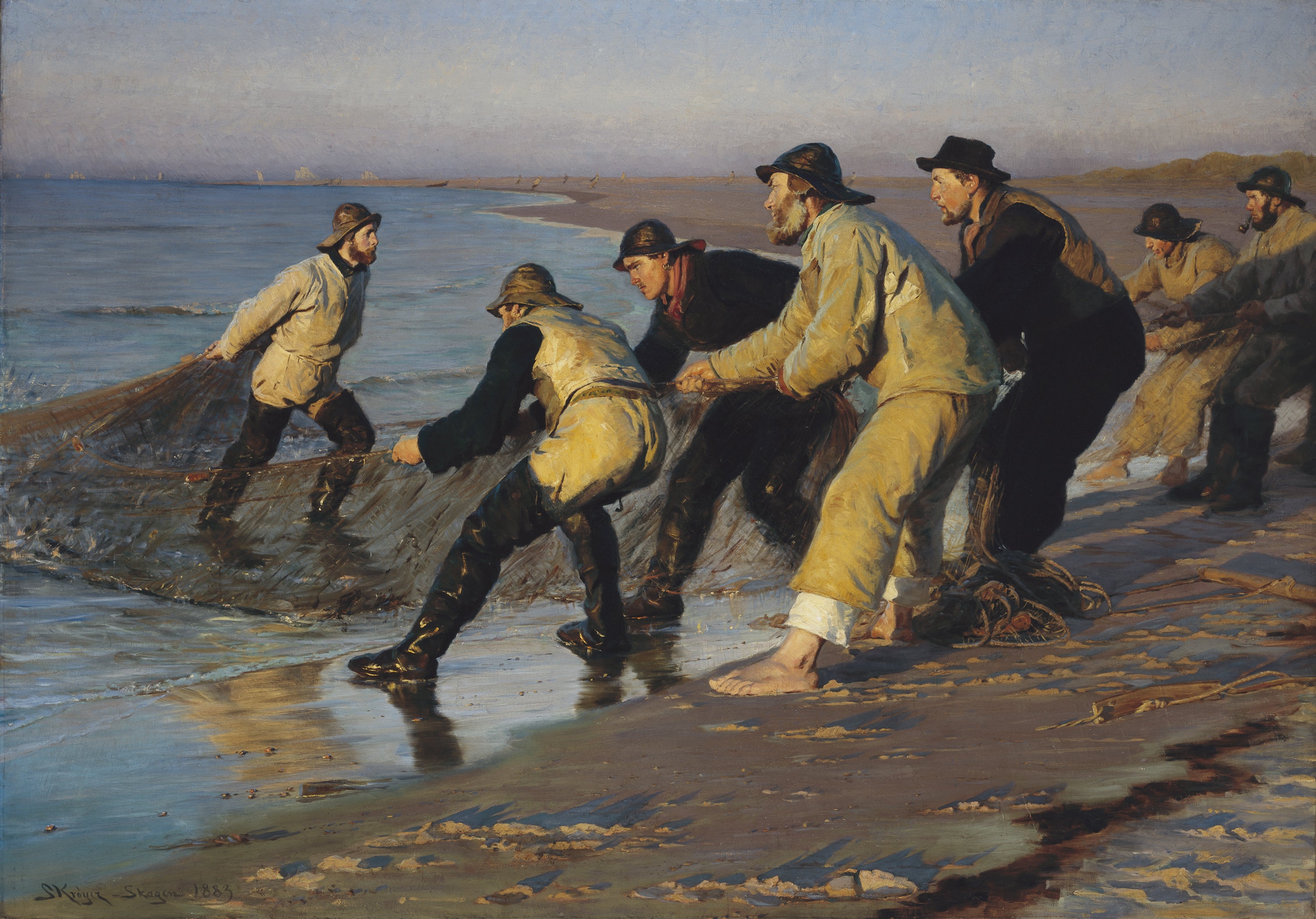 Skagen'in kuzey plajında balıkçılar ağlarını çekiyor. Akşamüstü. - Peder Severin Krøyer