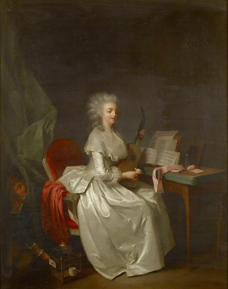 Genç bir kadın, elinde şarkı söyleyen bir kuşla gitar çalıyor - Louis-Léopold Boilly