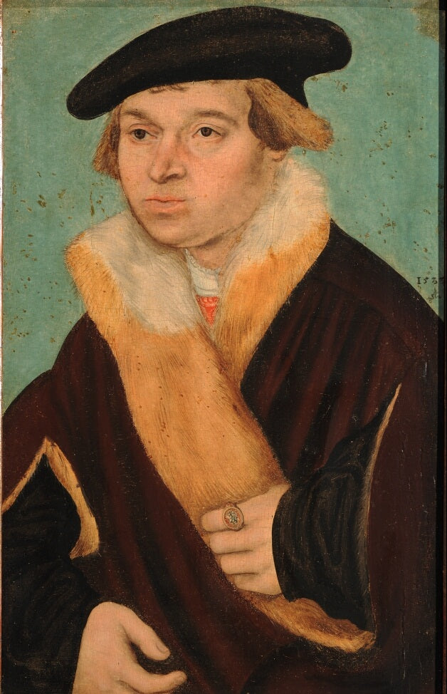 Portrait d'un jeune homme rasé de près dans un manteau garni de fourrure lumière - Lucas Cranach the Elder