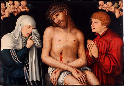 Le Christ en Homme de Douleurs flanqué de la Vierge et de saint Jean avec des anges - Lucas Cranach the Elder
