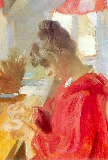Marie bir masanın üzerinde oturmuş ve dikiş yapıyor - Peder Severin Krøyer