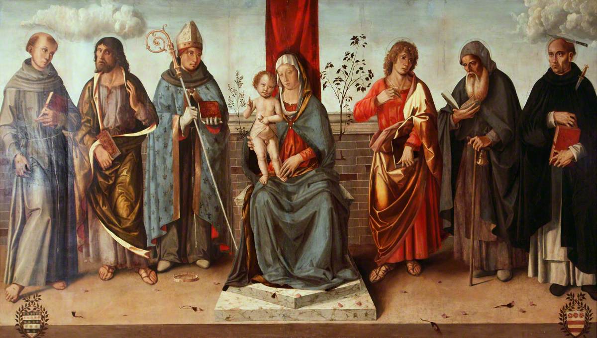 Vierge à l'Enfant en majesté avec les saints François, Matthieu, Louis de Toulouse (à gauche), Jean l'Évangéliste, Antoine l'Abbé et Pierre Martyr (à droite) - Marco Palmezzano
