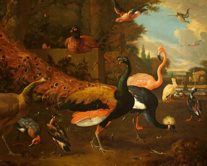 Bir tavus kuşu ve dişi tavus kuşu, bir turna, bir flamingo, bir pelikan ve diğer kuşlar, bir parkta - Melchior de Hondecoeter