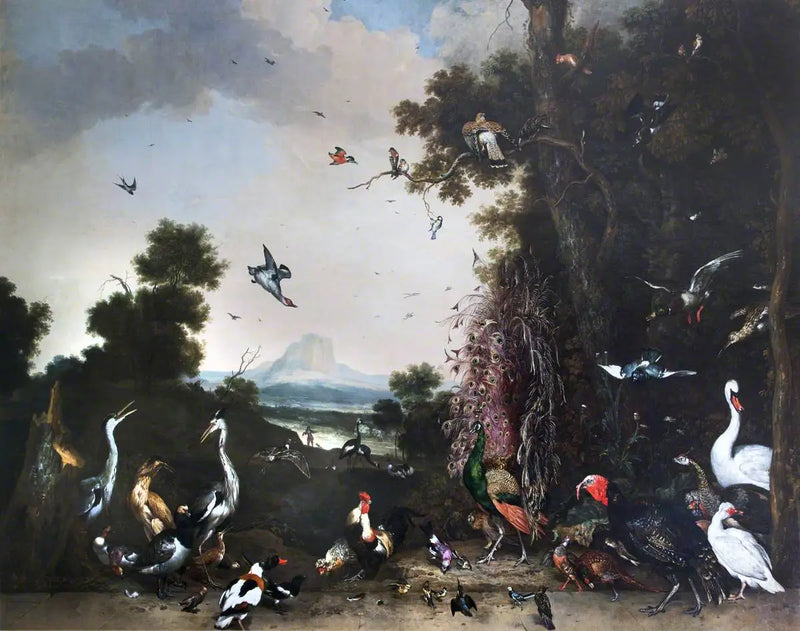 Açık manzara, kümes hayvanları ve su kuşları - Melchior de Hondecoeter