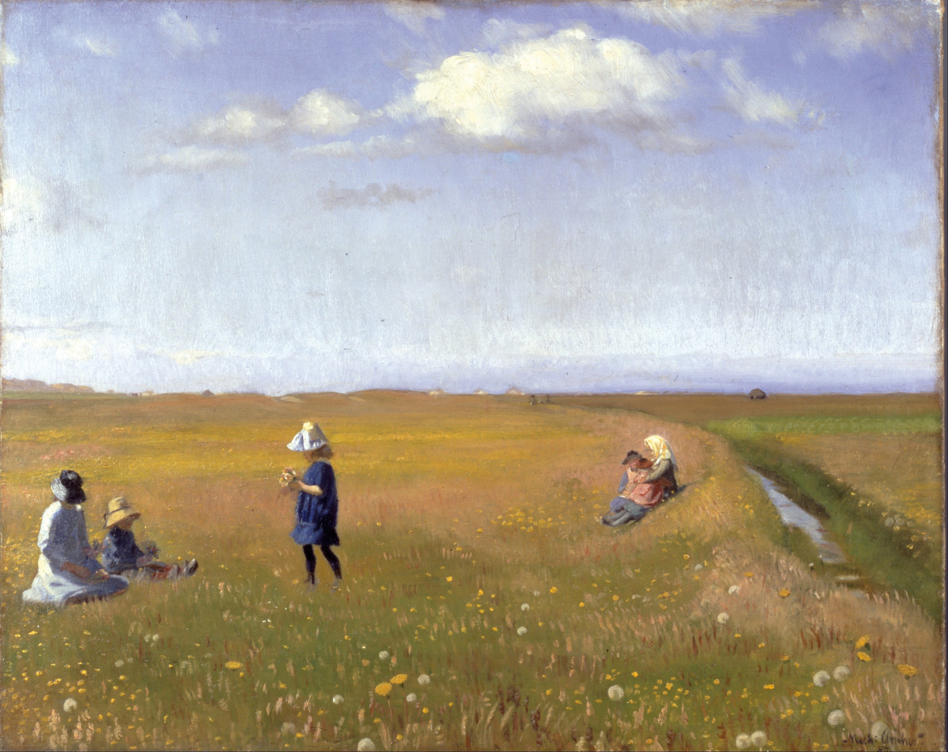 Des enfants et des jeunes filles cueillent des fleurs dans un champ au nord de Skagen - Michael Peter Ancher - Alpha
