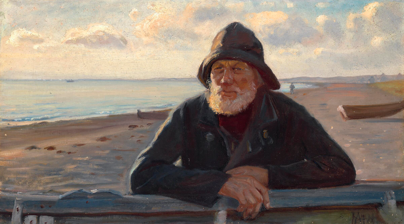 Un pêcheur se tient debout dans la lumière du coucher de soleil sur la plage de Skagen. - Michael Peter Ancher