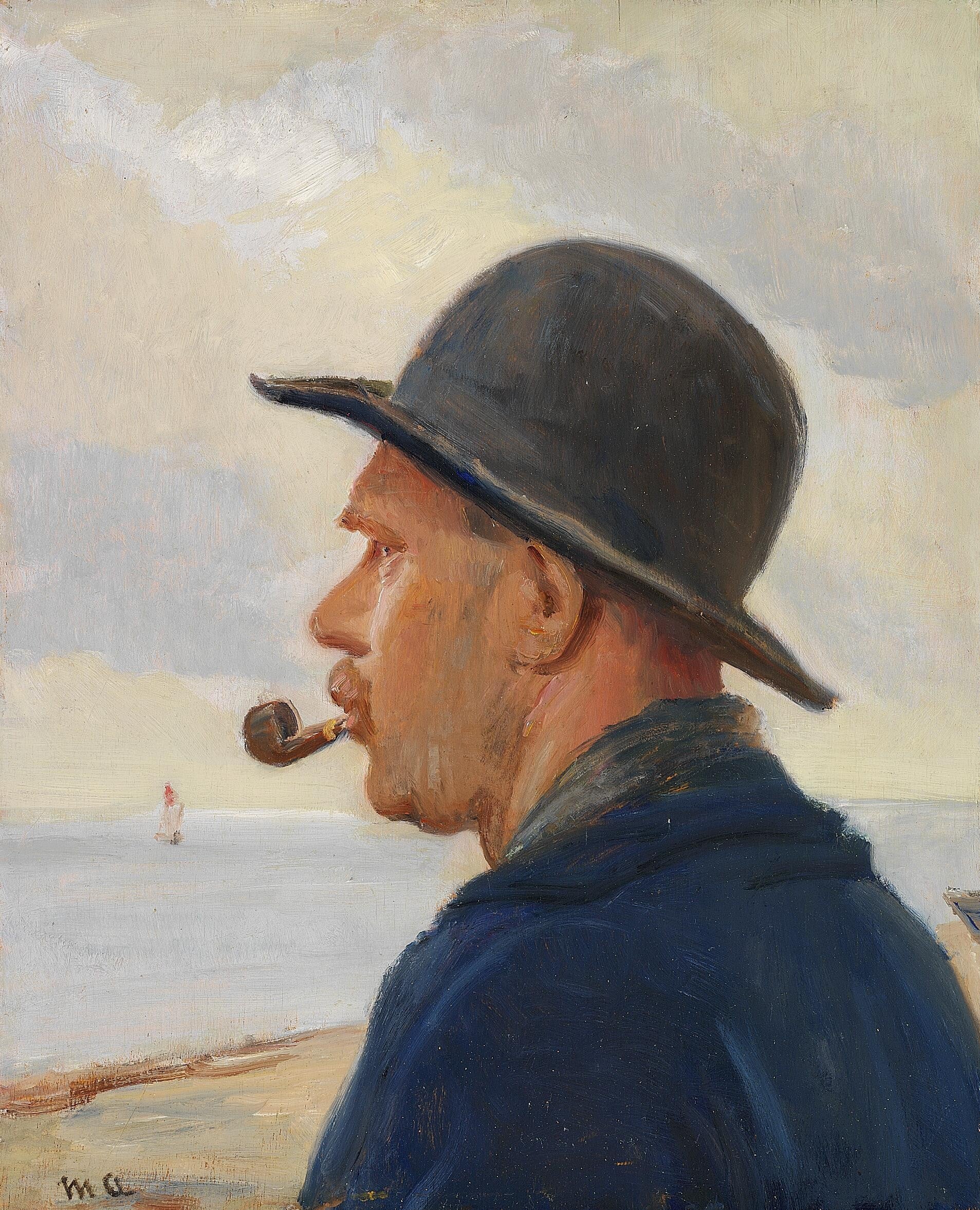 Un homme avec une pipe et un chapeau de feutre sur la plage de Skagen. - Michael Peter Ancher - Alpha Reproduction