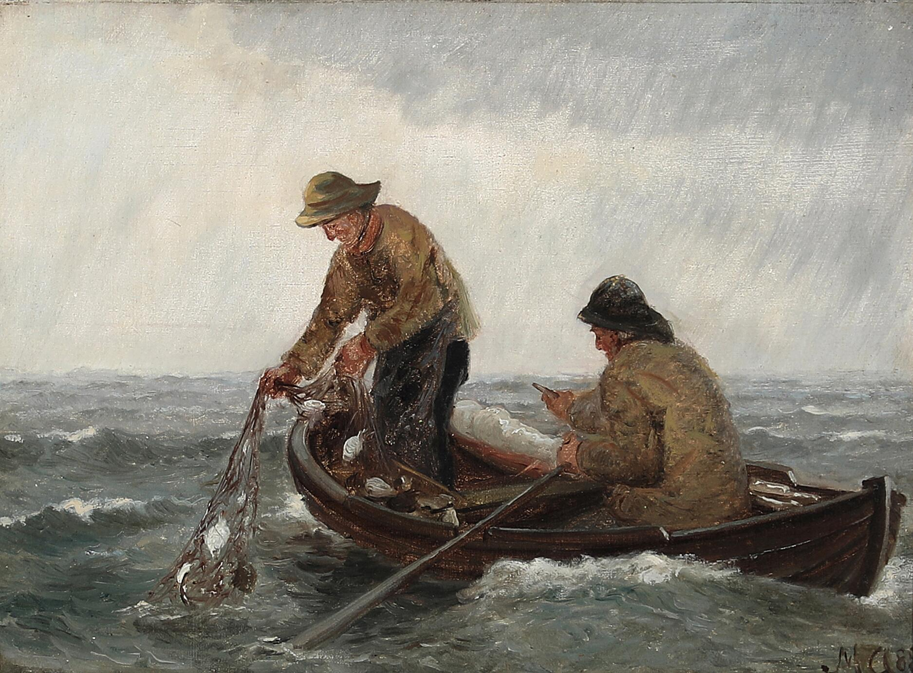 Des pêcheurs dans un canot pneumatique récupèrent leurs filets. - Michael Peter Ancher - Alpha Reproduction