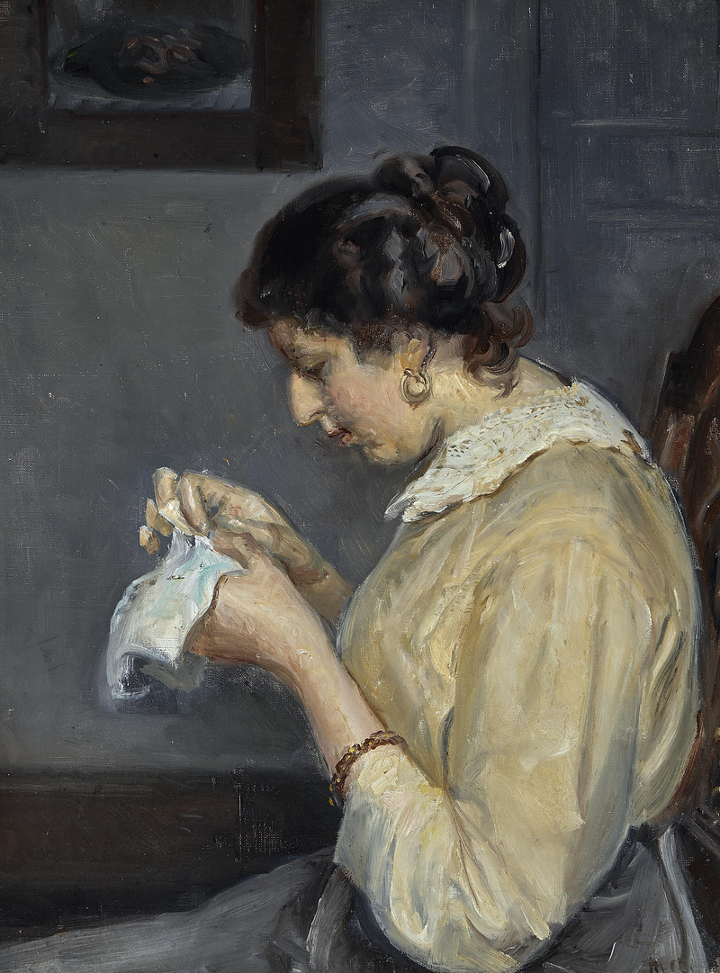 Intérieur avec Henny Brodersen faisant de la broderie. - Michael Peter Ancher