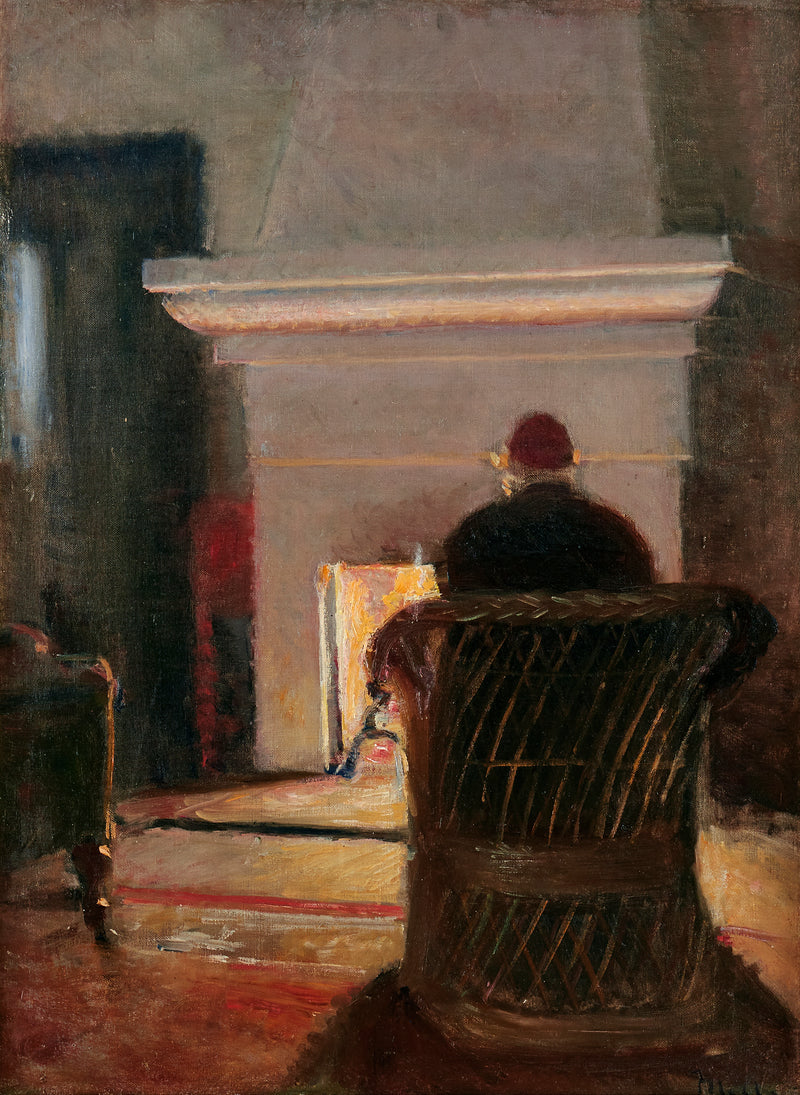 Holger Drachmann ile iç mekan, Villa Pax'ın şöminesi yakınında, Skagen. - Michael Peter Ancher