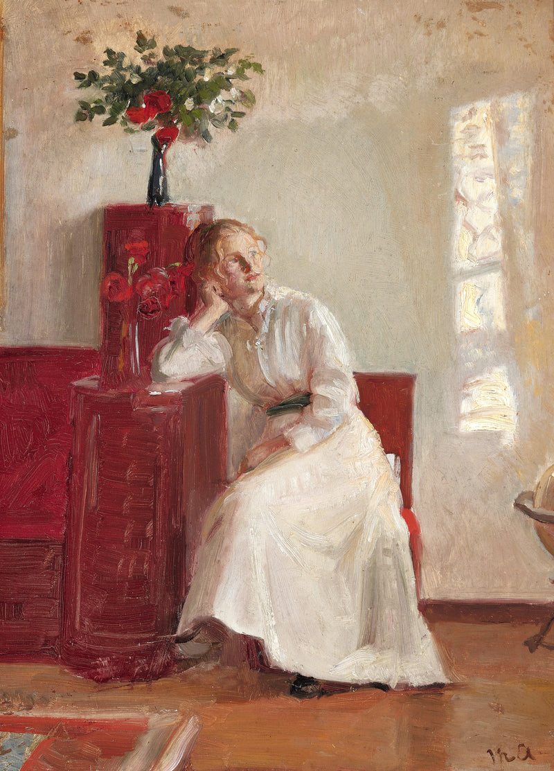 İç mekanda, sandalyeye oturmuş genç bir kadın - Michael Peter Ancher