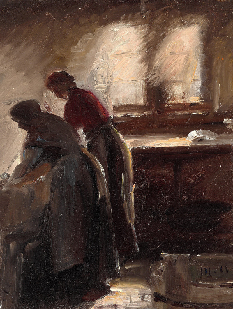 İki kadının çalıştığı mutfak içi - Michael Peter Ancher