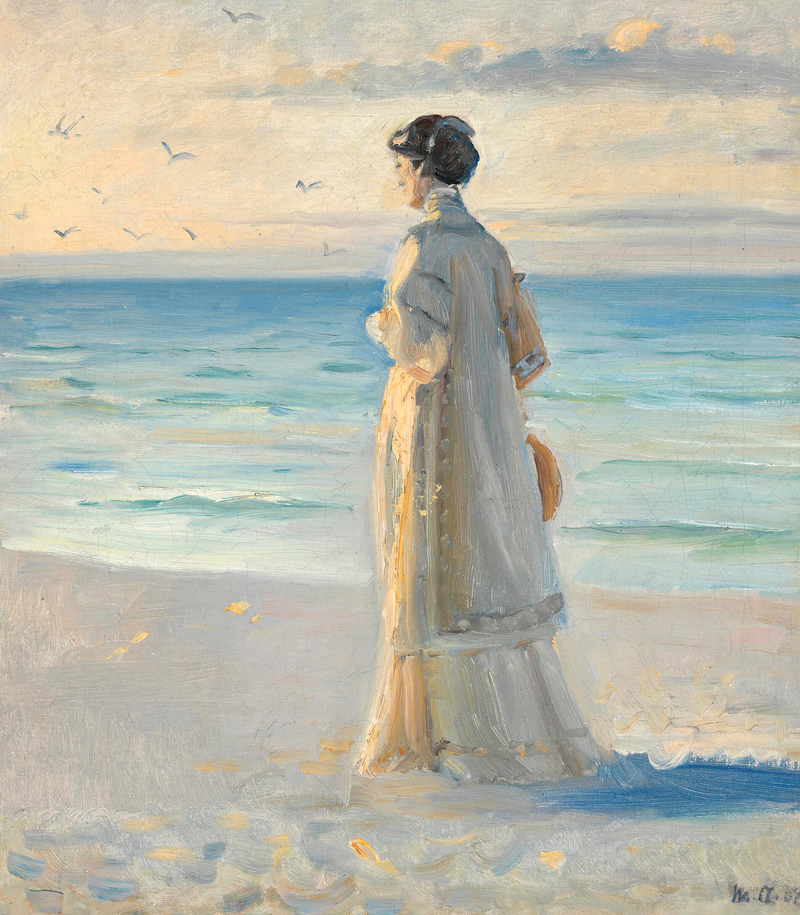 Une femme vêtue d'une longue robe d'été légère contemple la mer sur la plage de Skagen. - Michael Peter Ancher