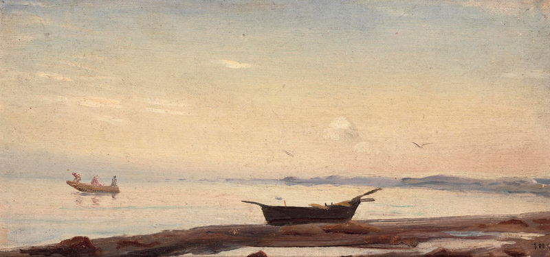 Scène côtière de Skagen avec un petit bateau sur la plage. - Michael Peter Ancher