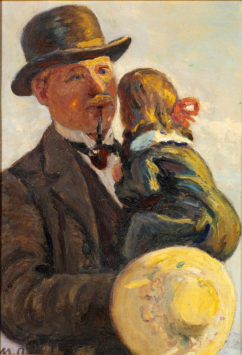Bir adam, çocuk tutarken ve pipo içerek. - Michael Peter Ancher