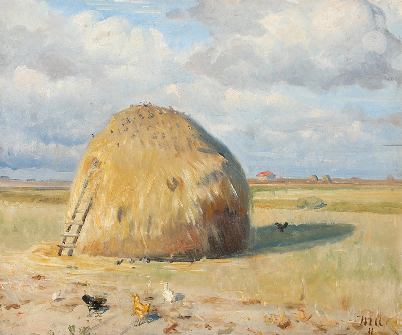 Une journée d'été à Skagen avec des poules près d'une meule de foin. - Michael Peter Ancher