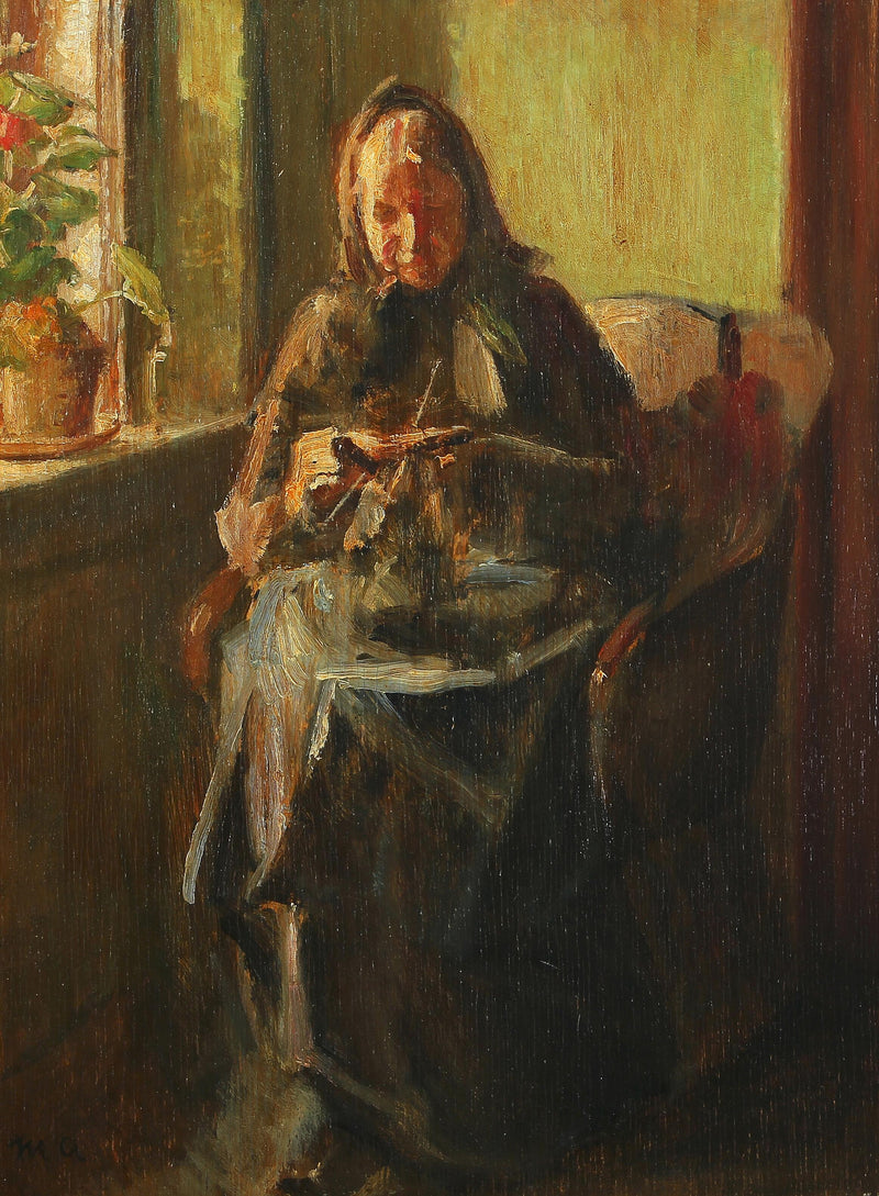 Güneş ışığıyla dolu bir odada örülen bir kadın - Michael Peter Ancher