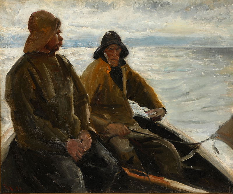 İki Skagen balıkçısı, gün batımında kürekli bir kayıkta. - Michael Peter Ancher